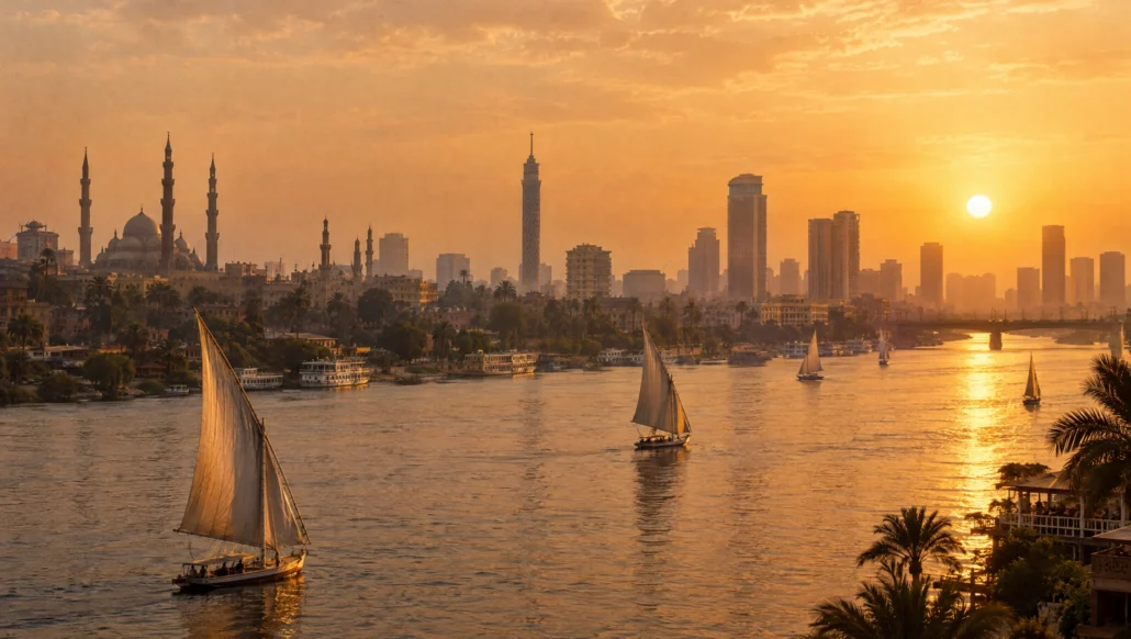 Feluccas sailing on the Nile in Cairo at golden hour with minarets and towers