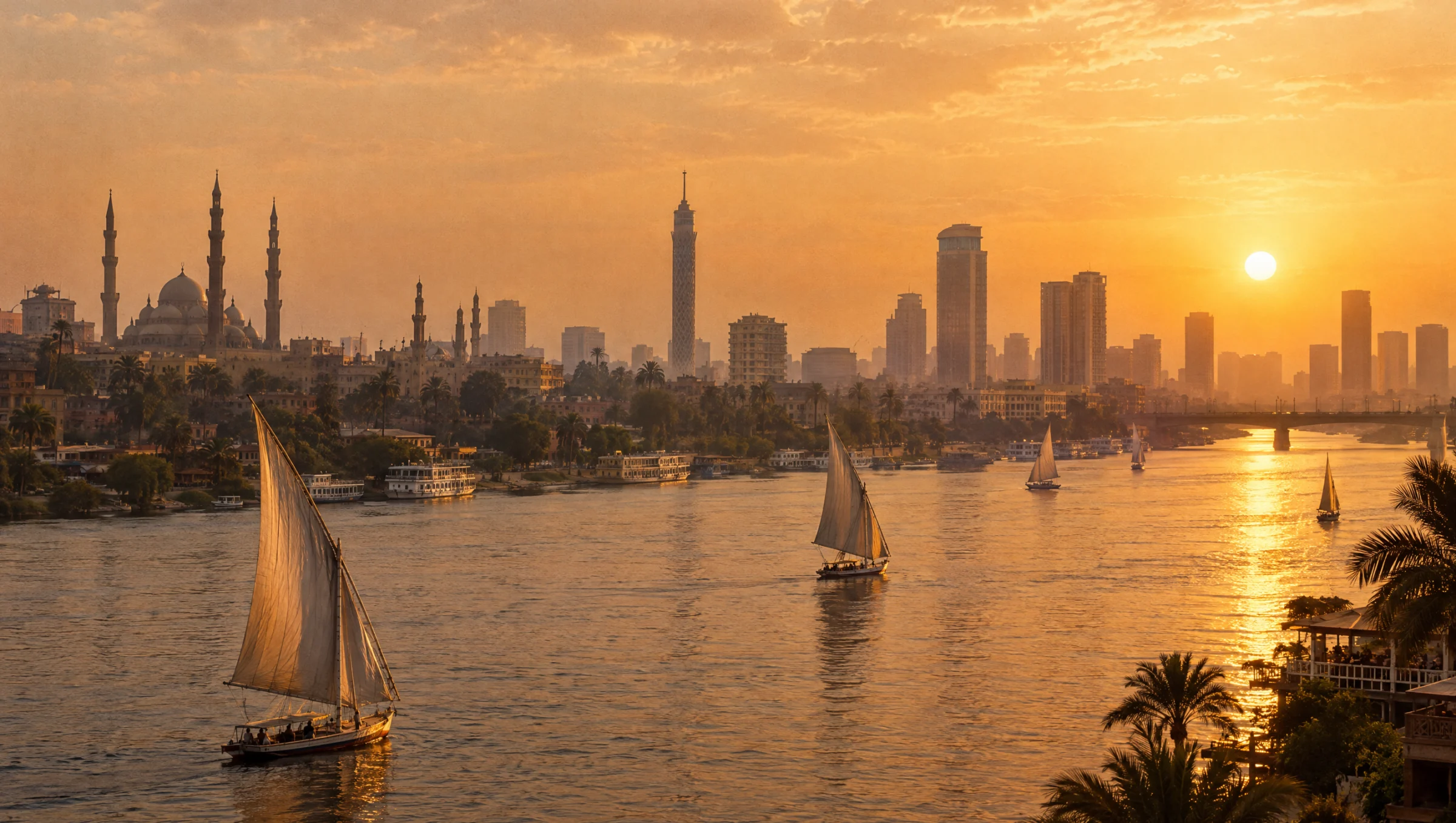 Feluccas sailing on the Nile in Cairo at golden hour with minarets and towers