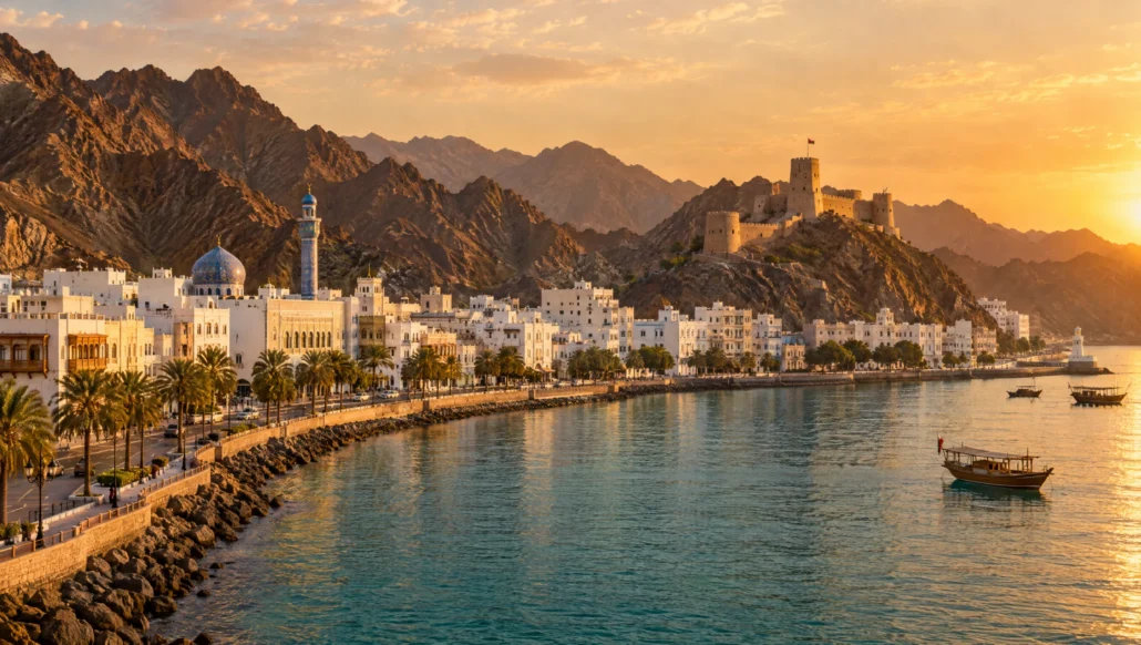 Muscat’s white corniche between rugged mountains and a calm bay at sunset