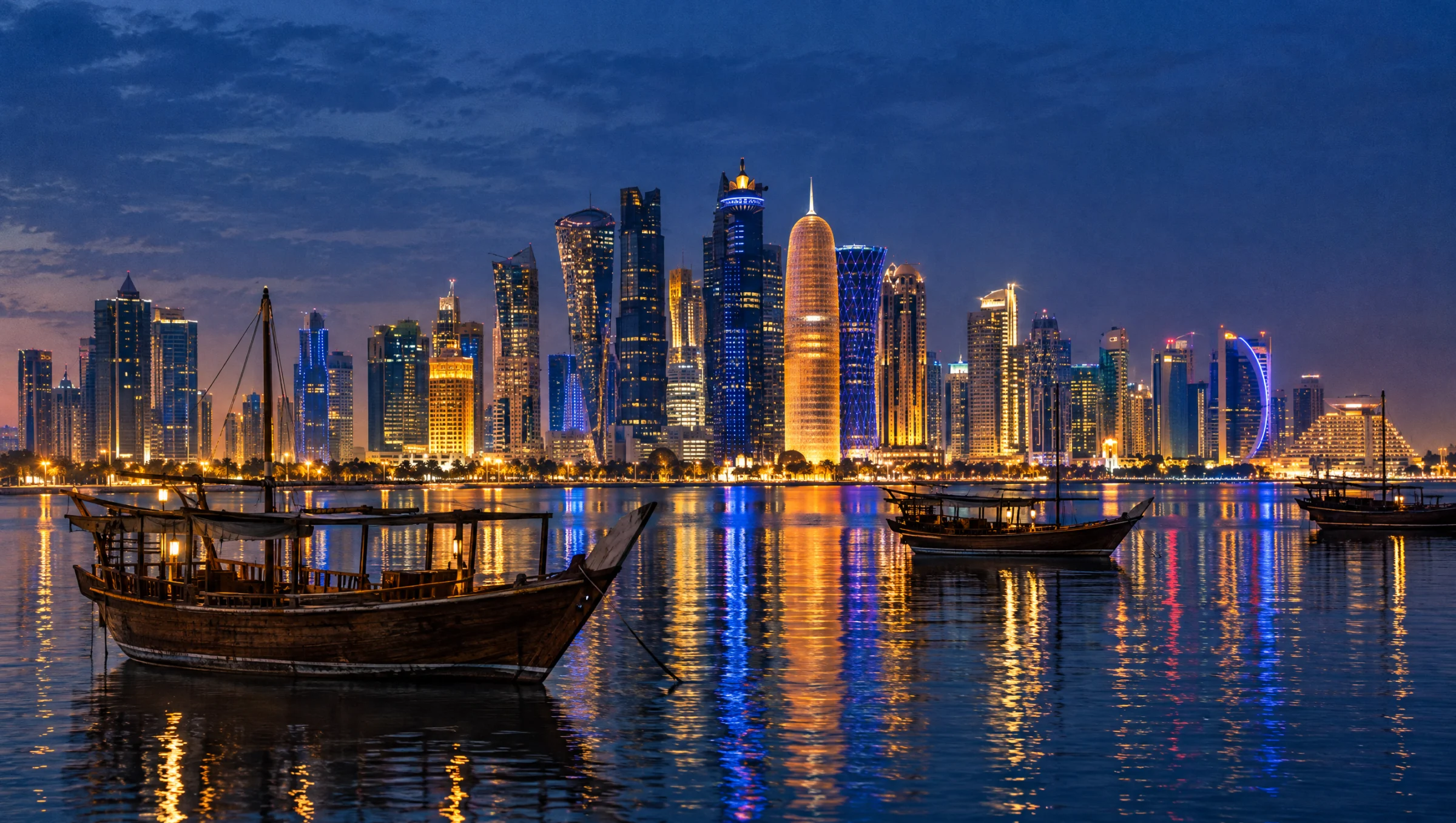 El horizonte iluminado de Doha reflejado en la bahía, con dhows tradicionales al anochecer