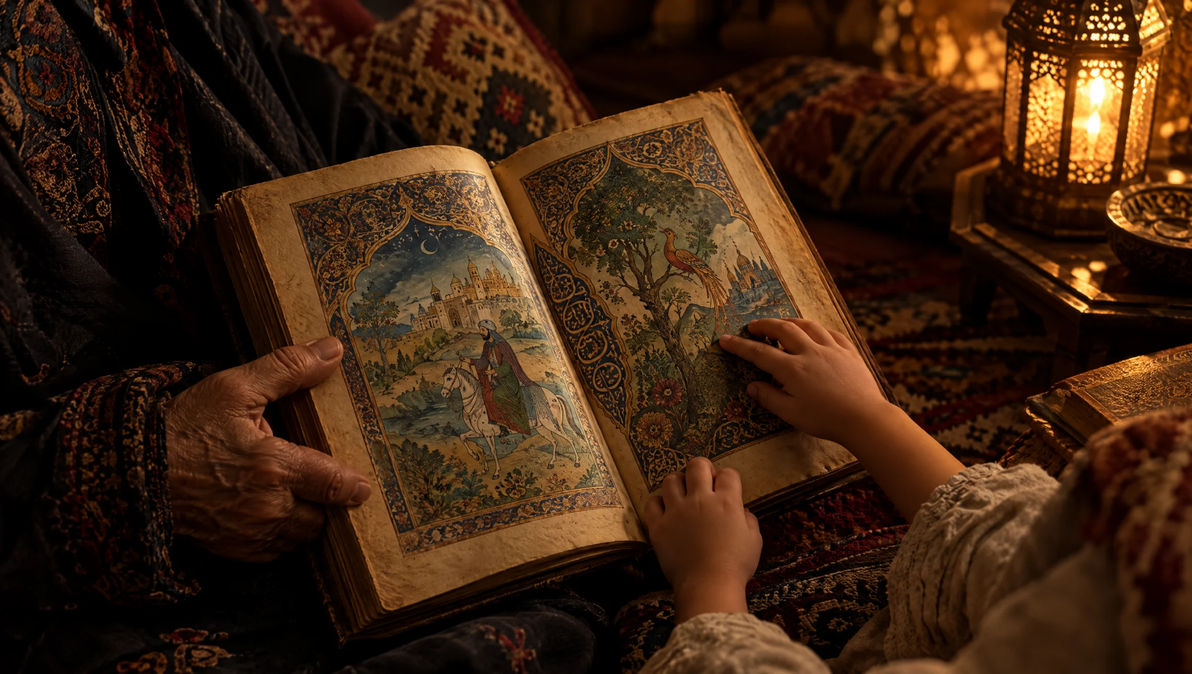 Las manos de una abuela y de un niño sobre un libro ilustrado de cuentos a la luz de una lámpara