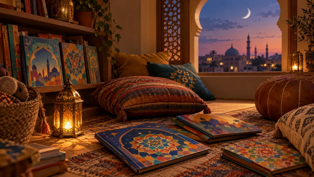 A cozy reading nook with patterned picture books, cushions and a lantern at dusk