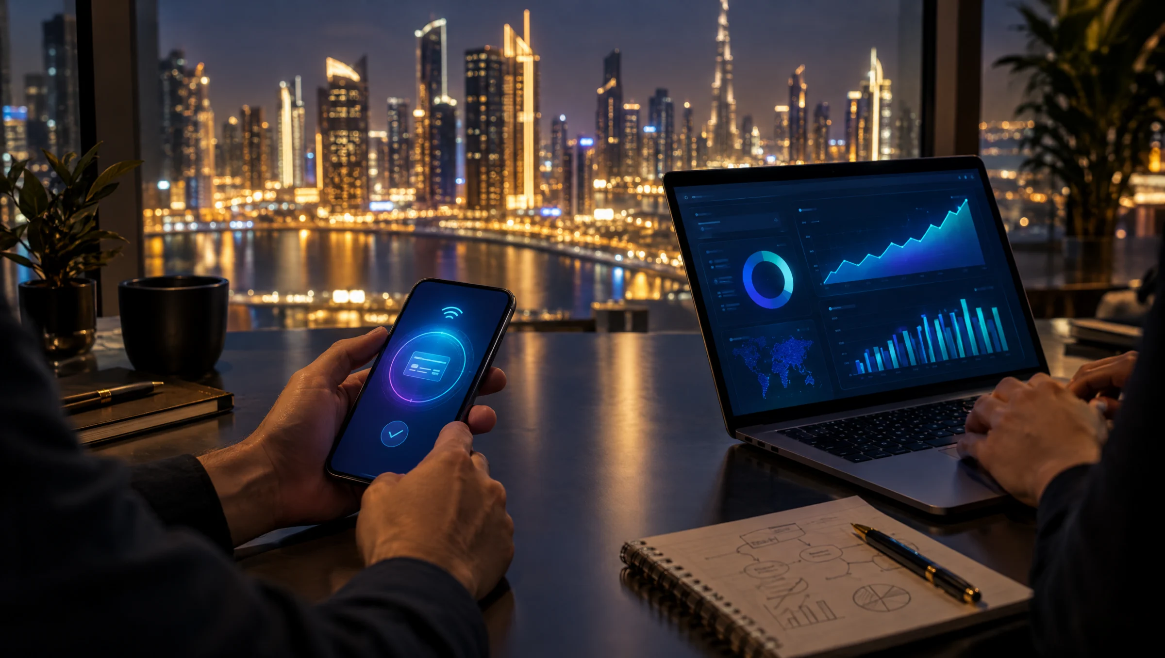 Un écran de paiement sur smartphone et un ordinateur avec des graphiques dans un bureau du Golfe la nuit