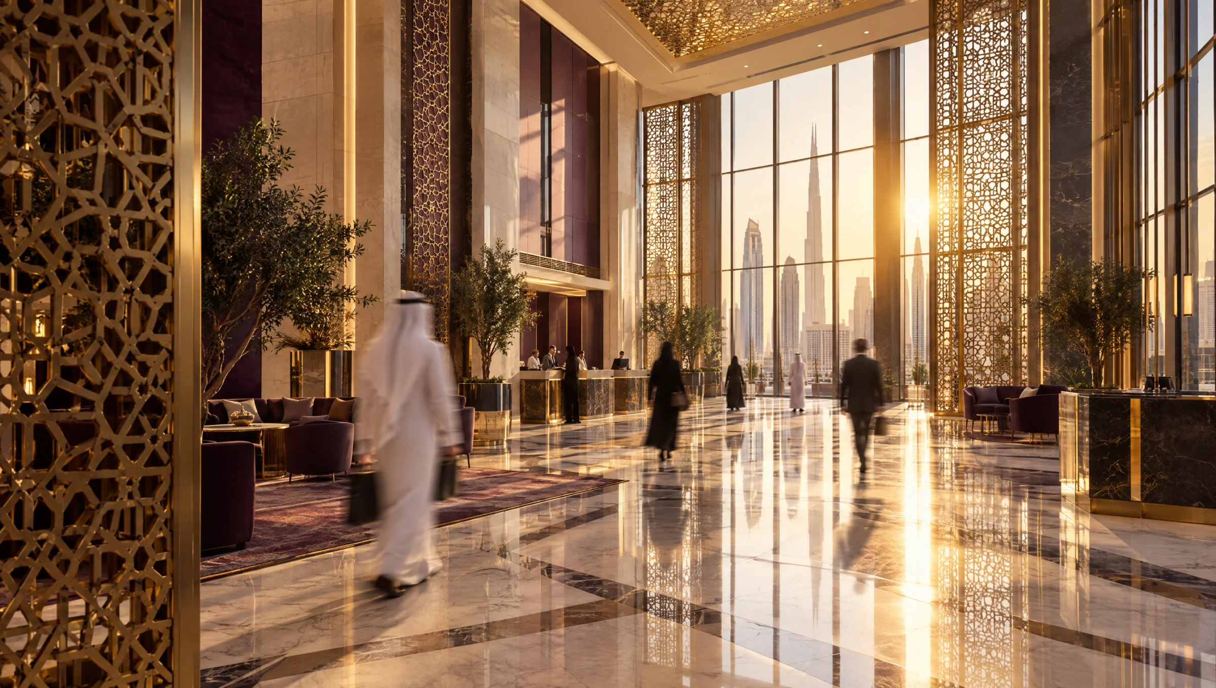 ردهة مصرف رخامية بحواجز نحاسية هندسية وضوء العصر