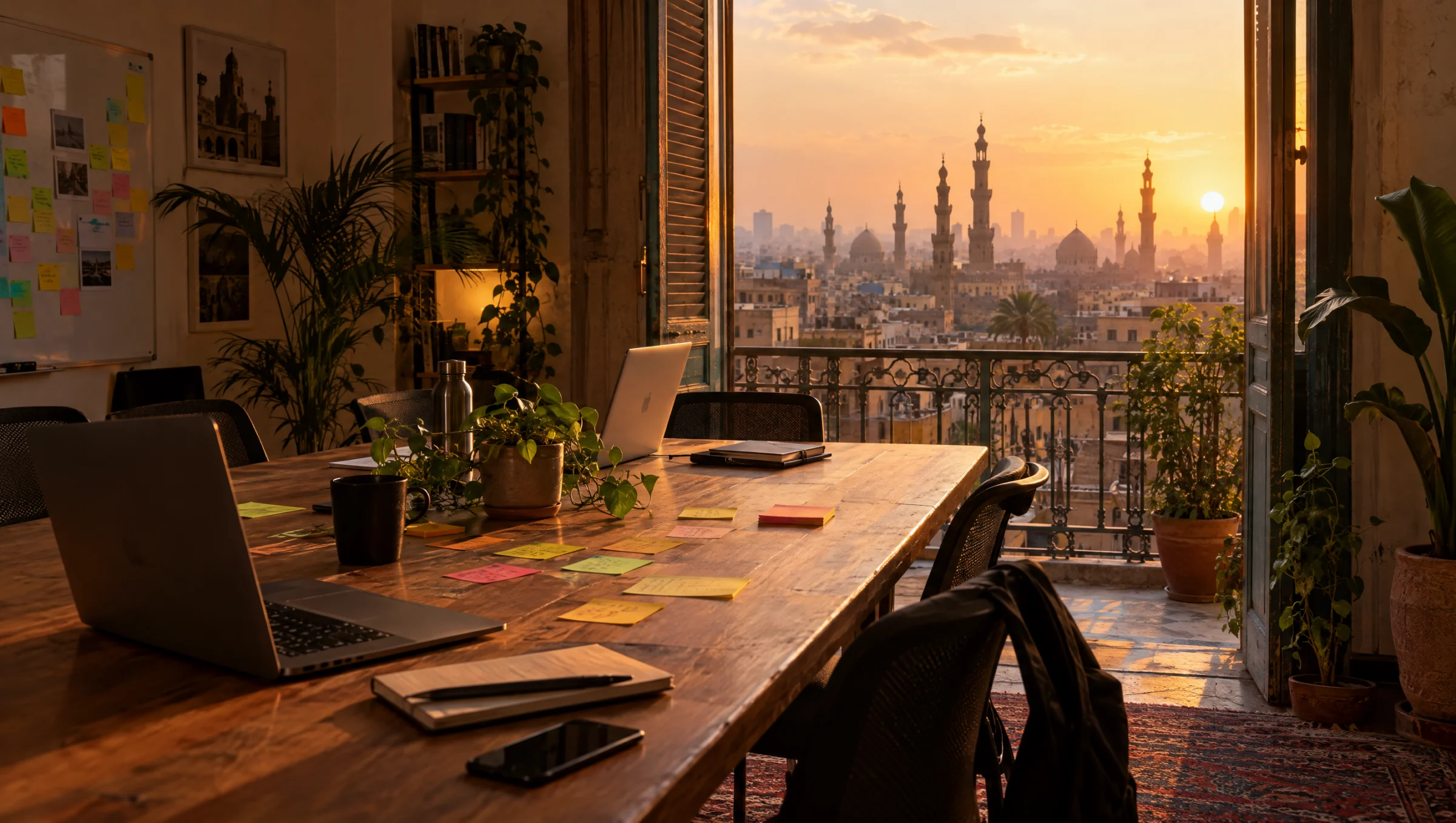 Un espace de start-up au Caire avec ordinateurs et post-it, minarets au-delà du balcon