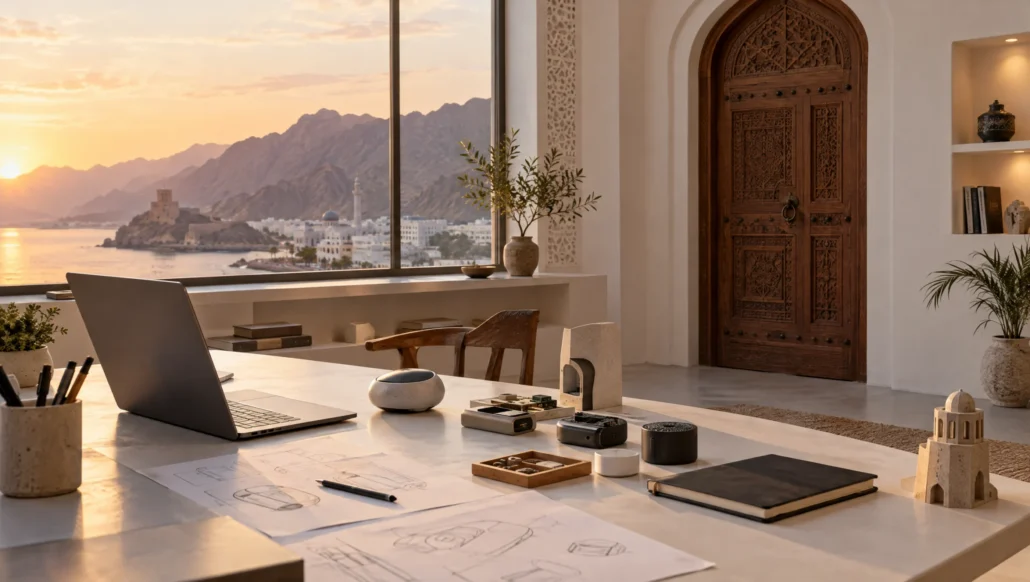 A minimalist startup studio in Muscat with prototypes and a carved wooden door