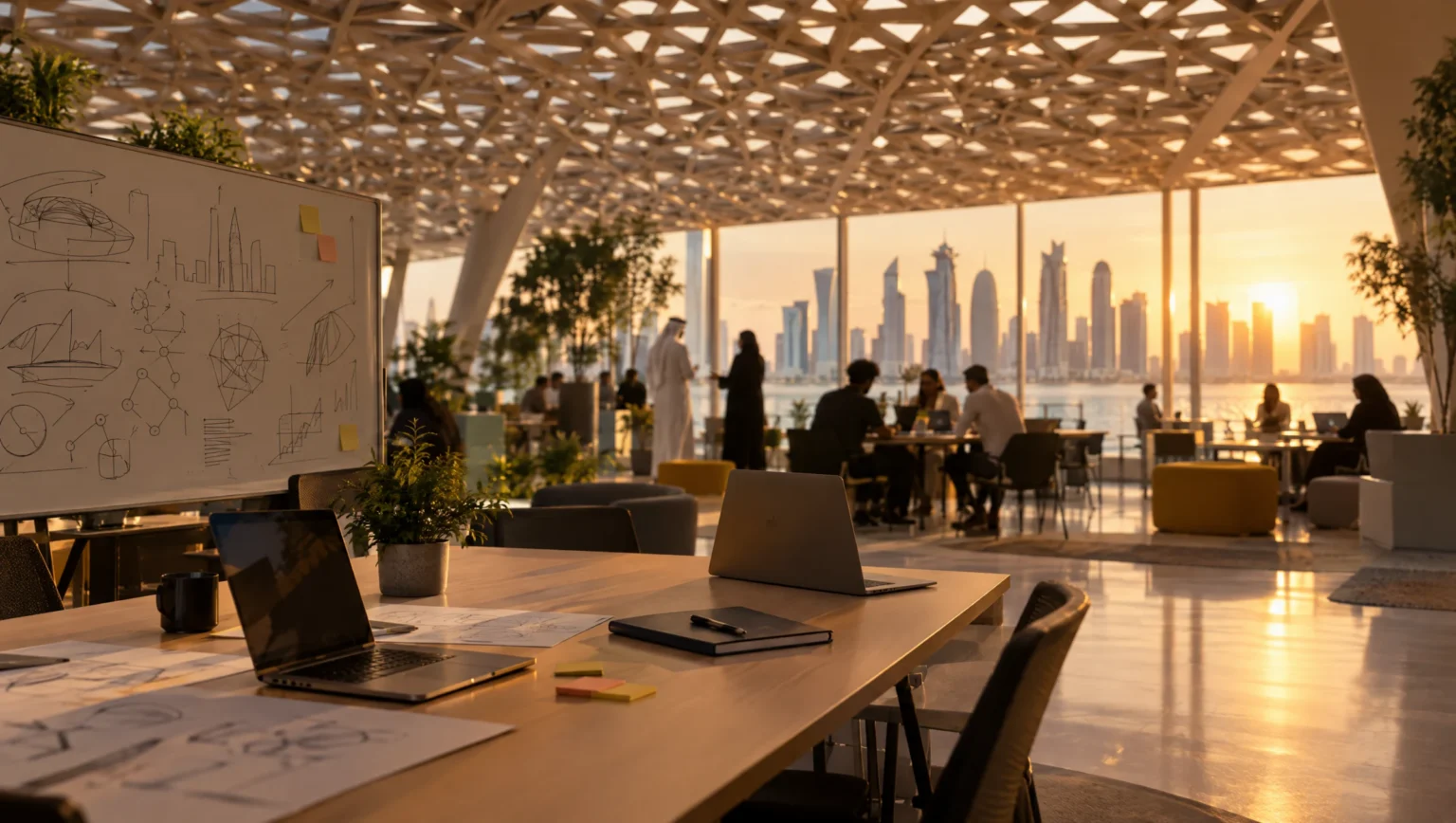 An innovation hub in Doha under a lattice roof with the skyline at sunset