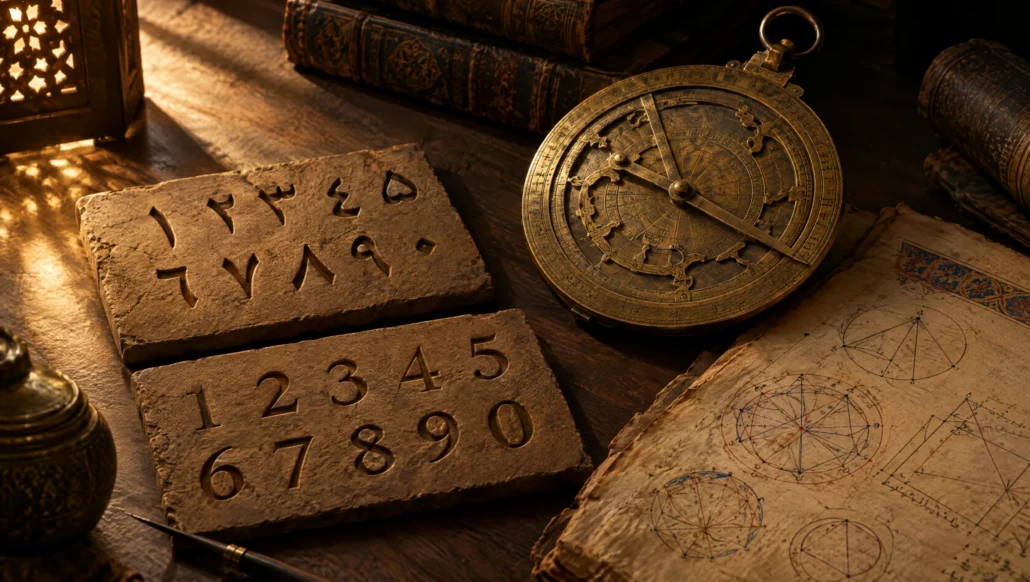 Eastern Arabic and Western numerals carved in stone beside a brass astrolabe and a manuscript