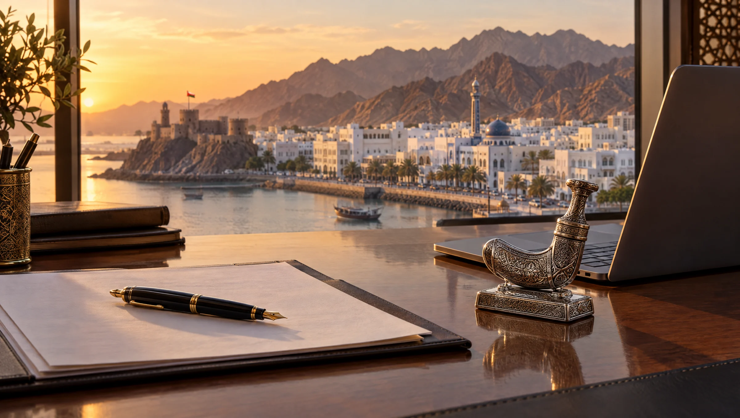 مكتب عليه أوراق وقلم حبر وتحفة على شكل خنجر يطل على مسقط