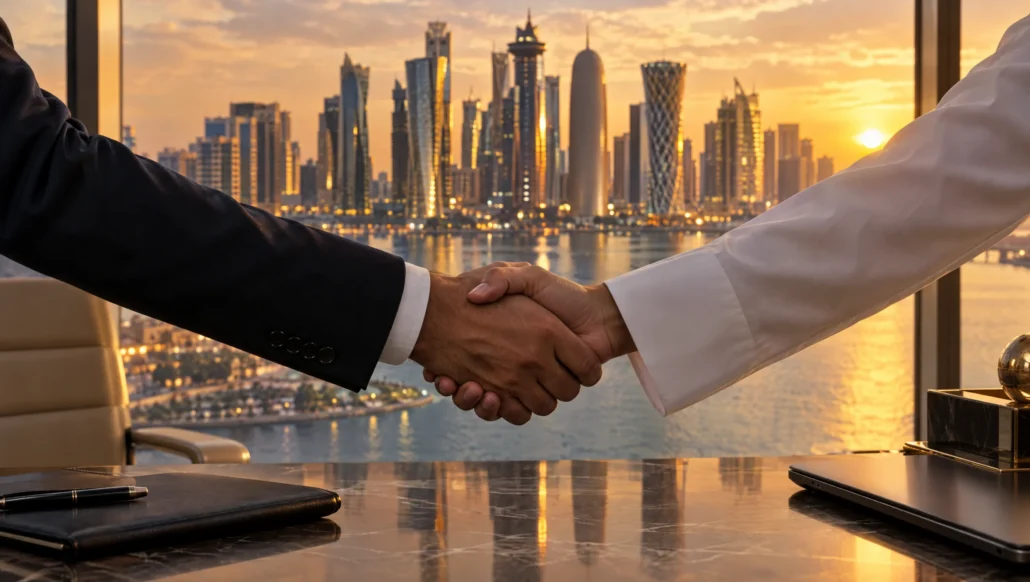 A handshake over a desk in a Doha high-rise office at sunset