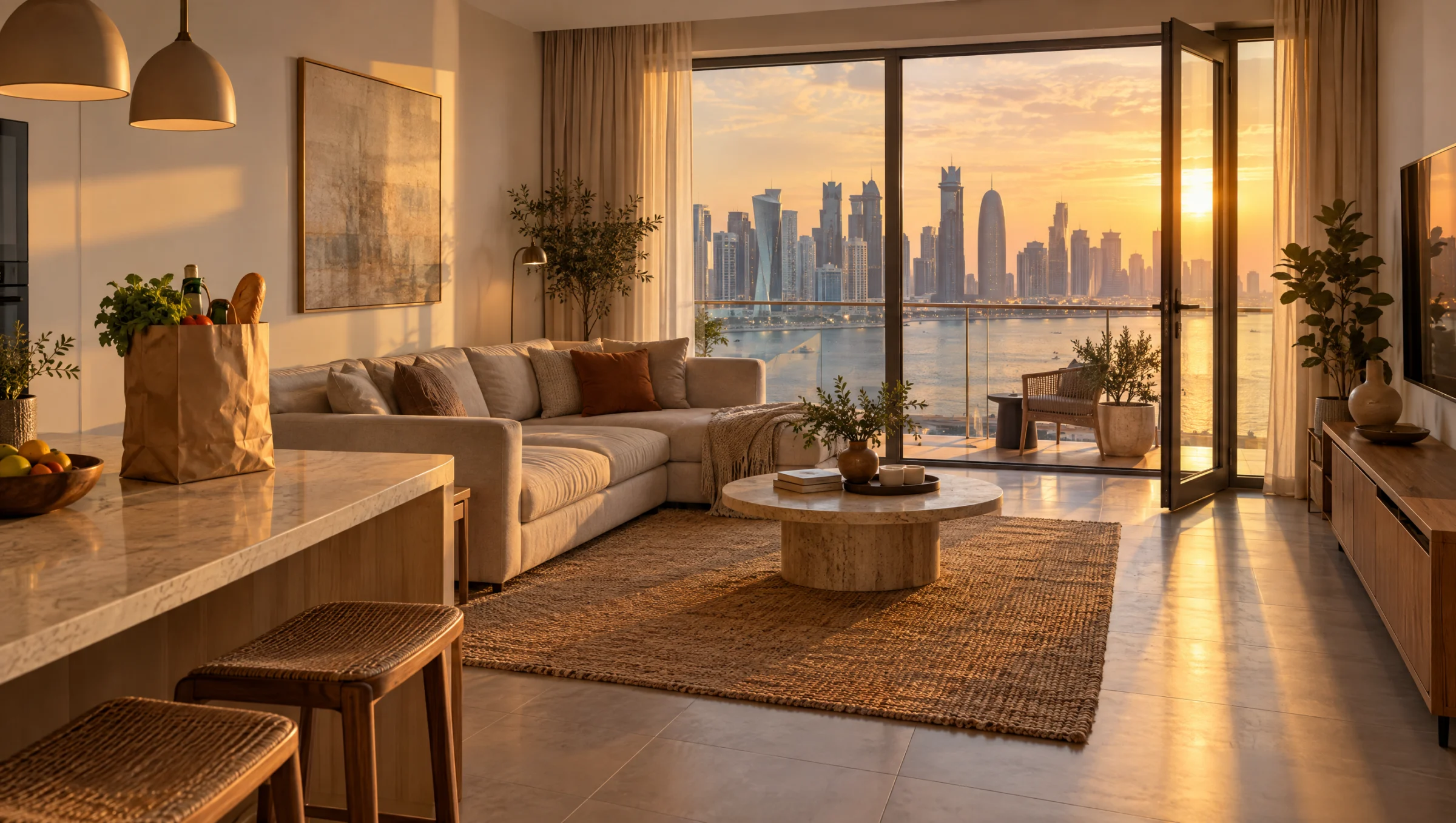 Un apartamento luminoso en Doha con la compra en la encimera y vistas al horizonte