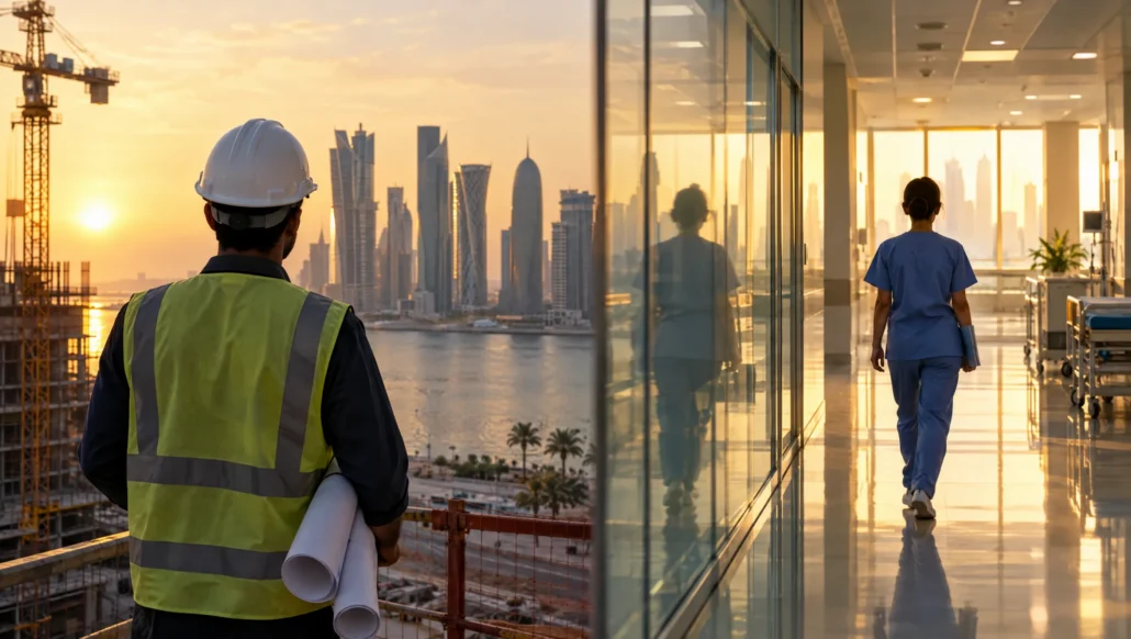 مهندس في موقع بناء وممرضة في ممر مستشفى في قطر