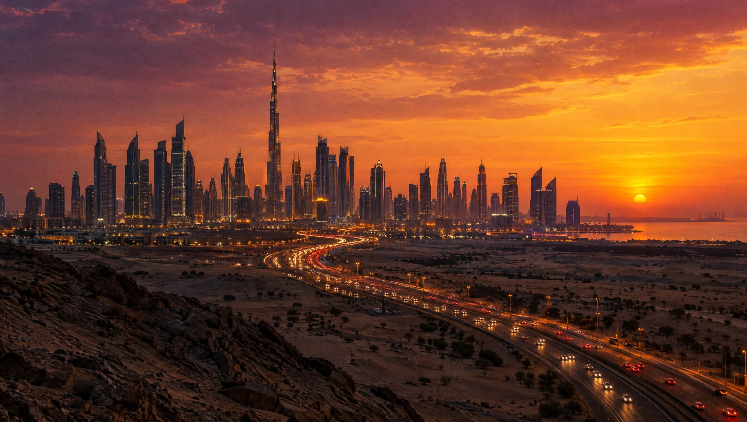 Una autopista iluminada que va del desierto a una ciudad del Golfo al atardecer
