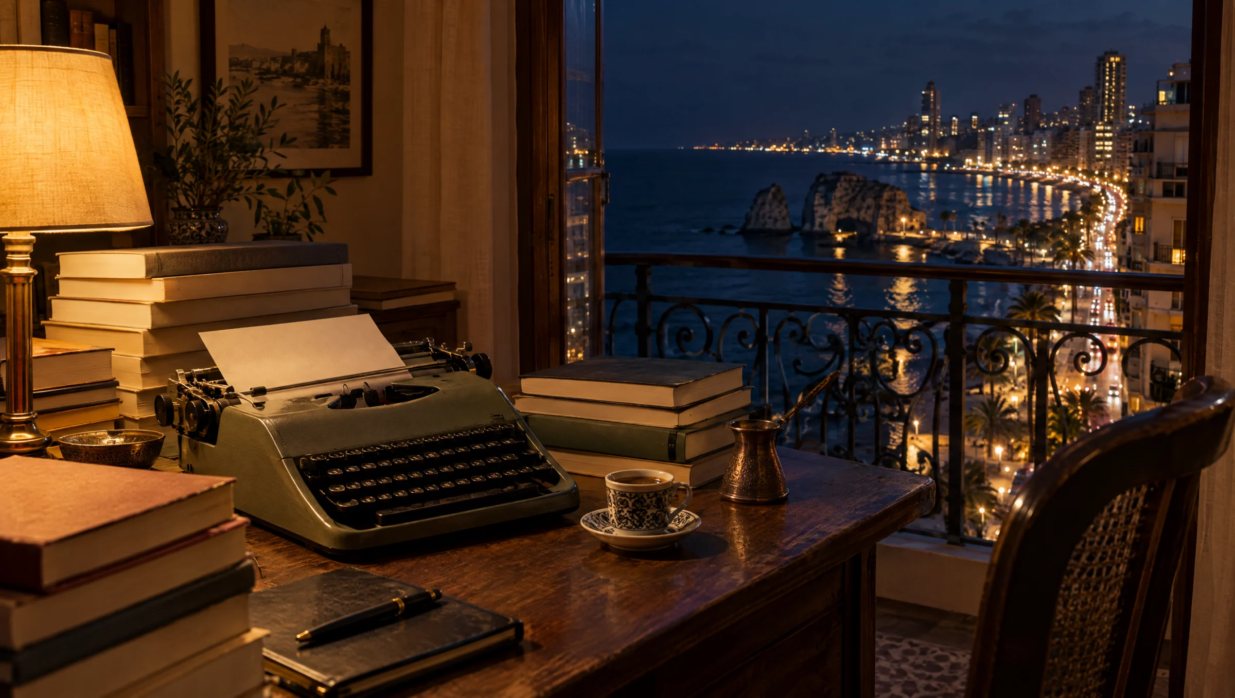 El escritorio de un escritor con máquina de escribir y libros frente al paseo marítimo de Beirut de noche