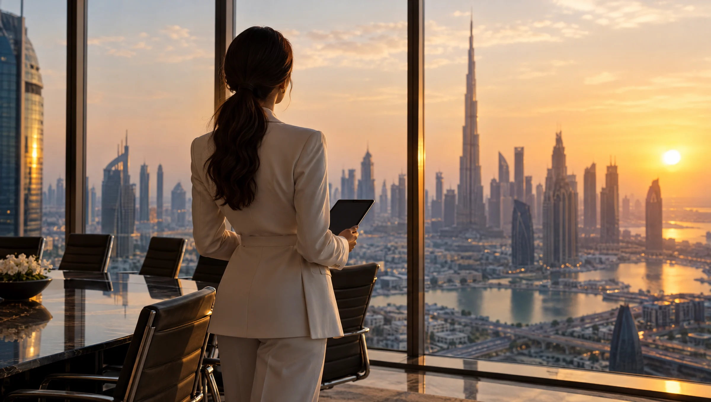 Une femme d’affaires avec une tablette contemple la ville depuis une salle de réunion vitrée