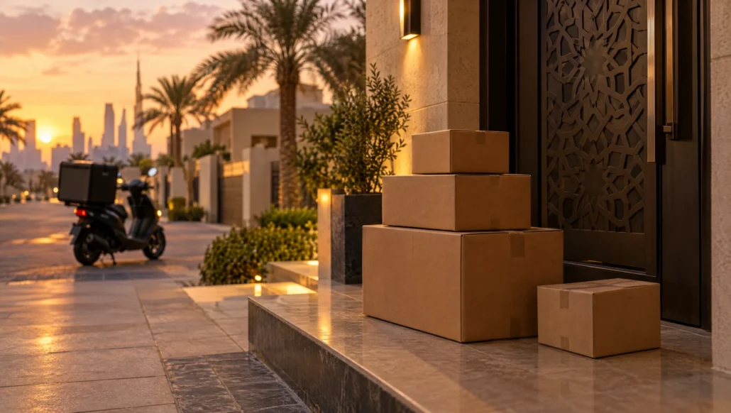 طرود توصيل أمام باب فيلا بنقوش هندسية عند الغروب