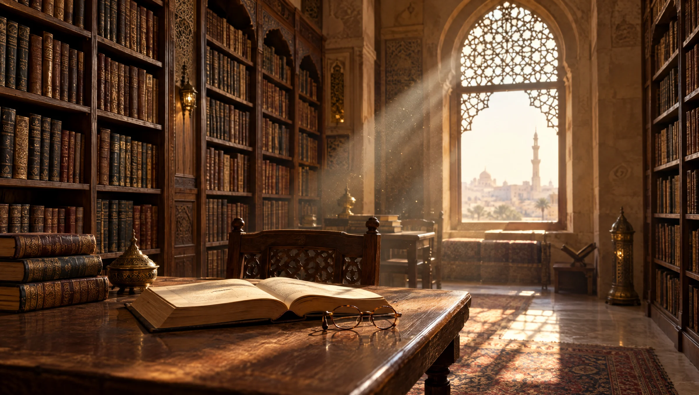 Une bibliothèque ancienne aux hautes étagères, un livre ouvert et la lumière d’une fenêtre en arc