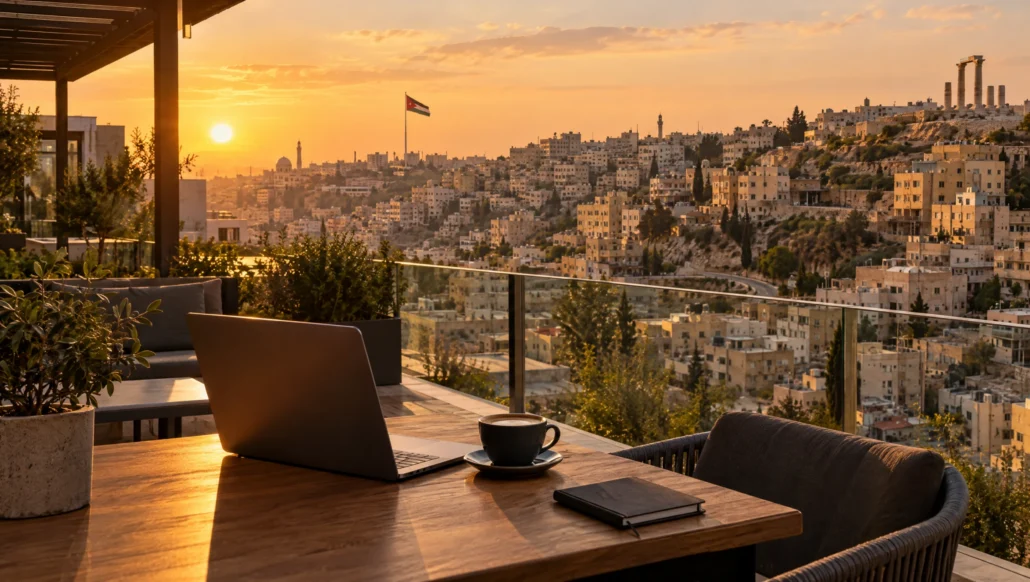A terrace workspace overlooking the limestone hills of Amman at golden hour