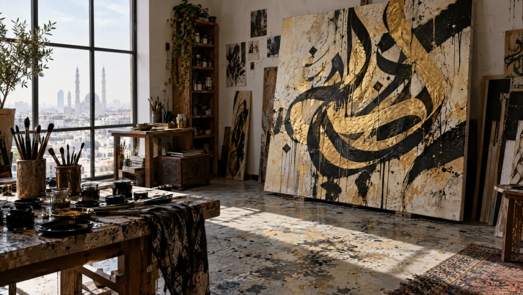 مرسم فنان فيه لوحة كبيرة بالخط العربي بالأسود والذهبي