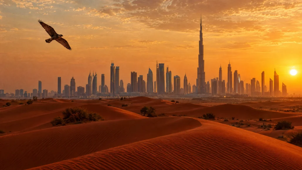 صقر يحلّق فوق الكثبان الحمراء نحو أفق مدينة إماراتية عند الغروب