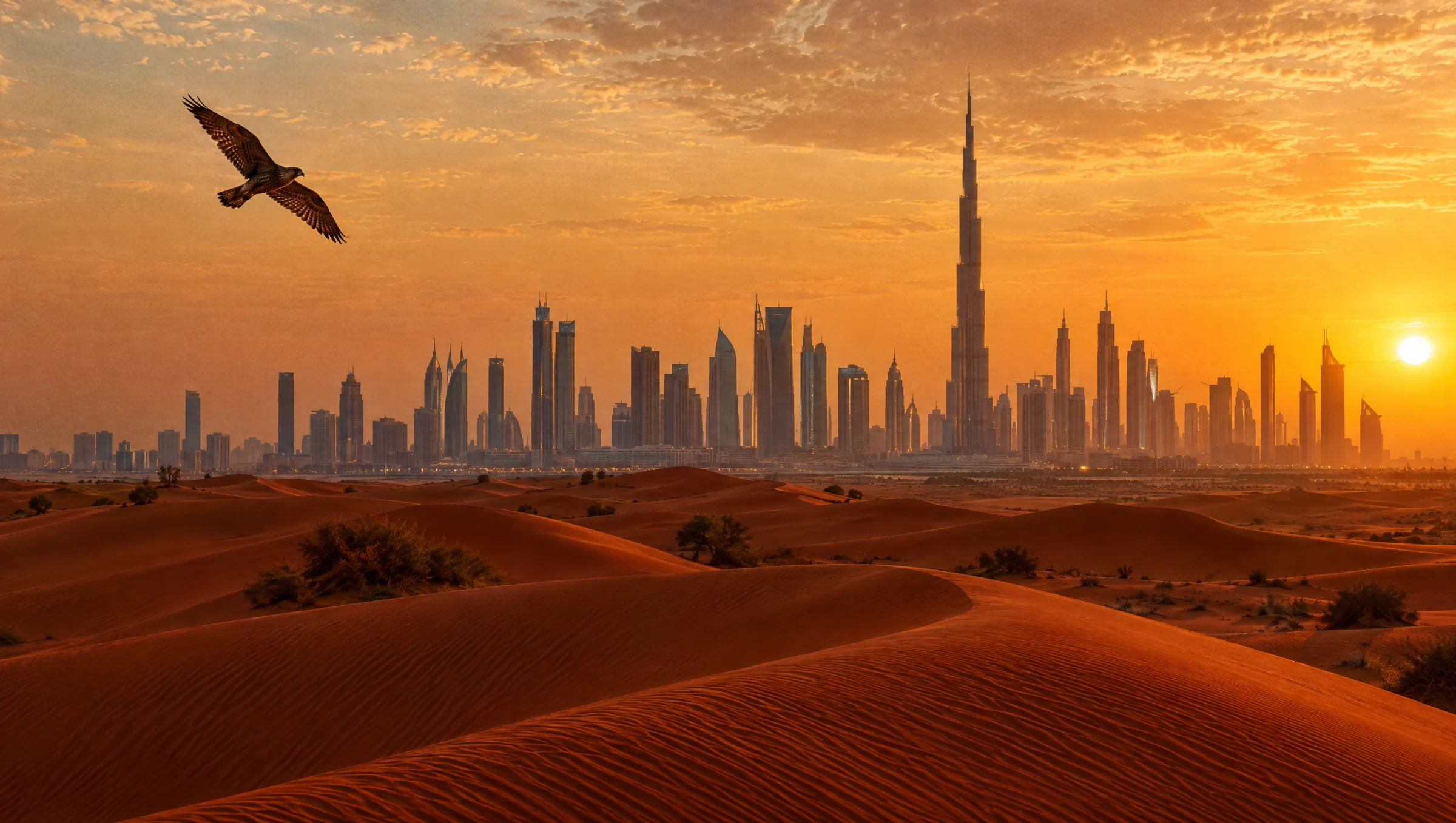 صقر يحلّق فوق الكثبان الحمراء نحو أفق مدينة إماراتية عند الغروب