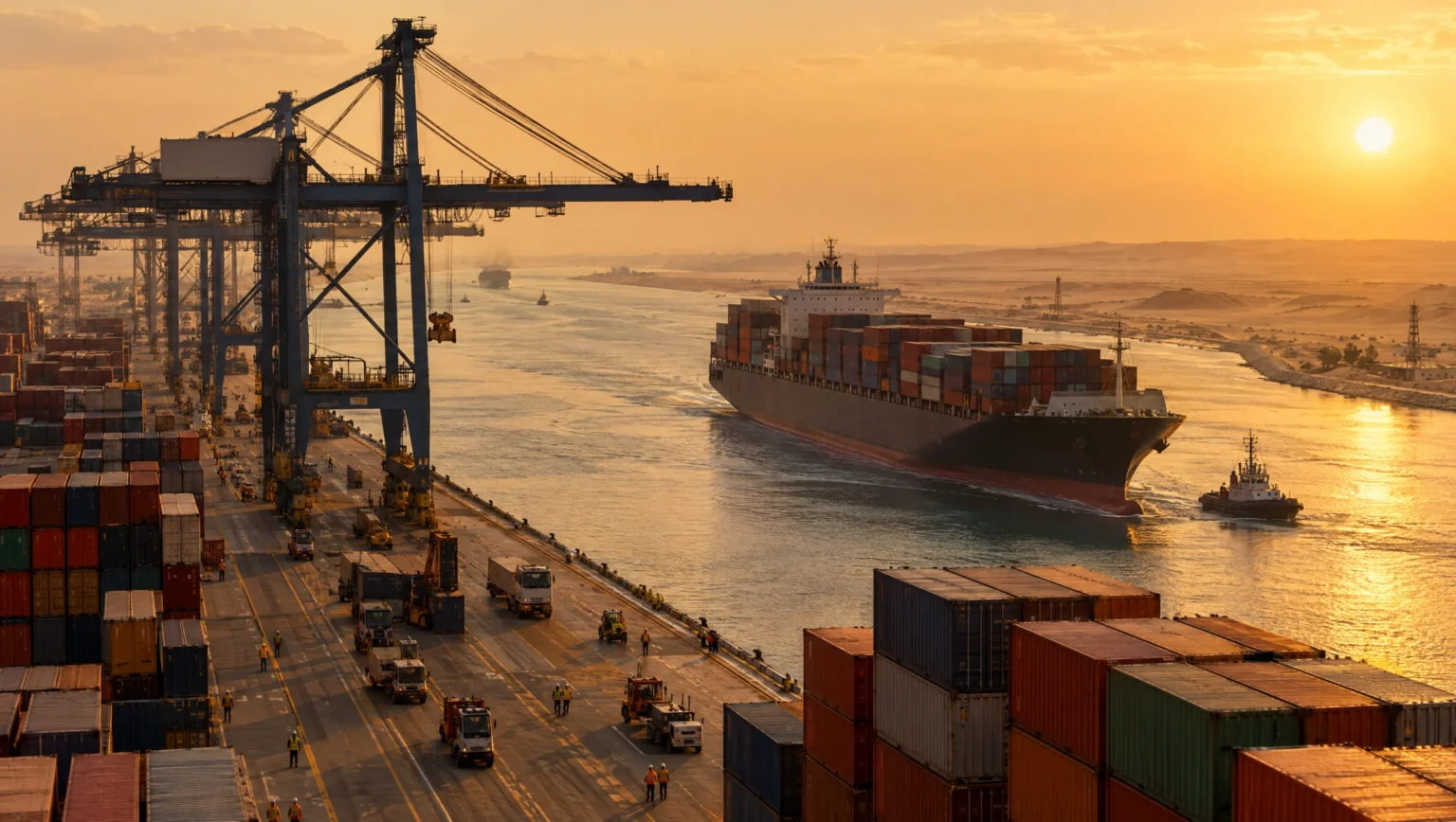A container port on the Suez Canal with cranes and a cargo ship at golden hour