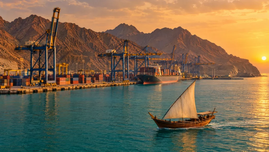 An Omani port with cranes and containers between mountains and sea, a dhow sailing past