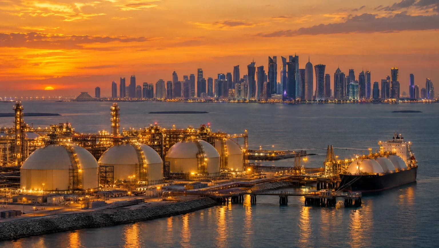 A gas facility glowing on the Qatari coast with the Doha skyline beyond at dusk