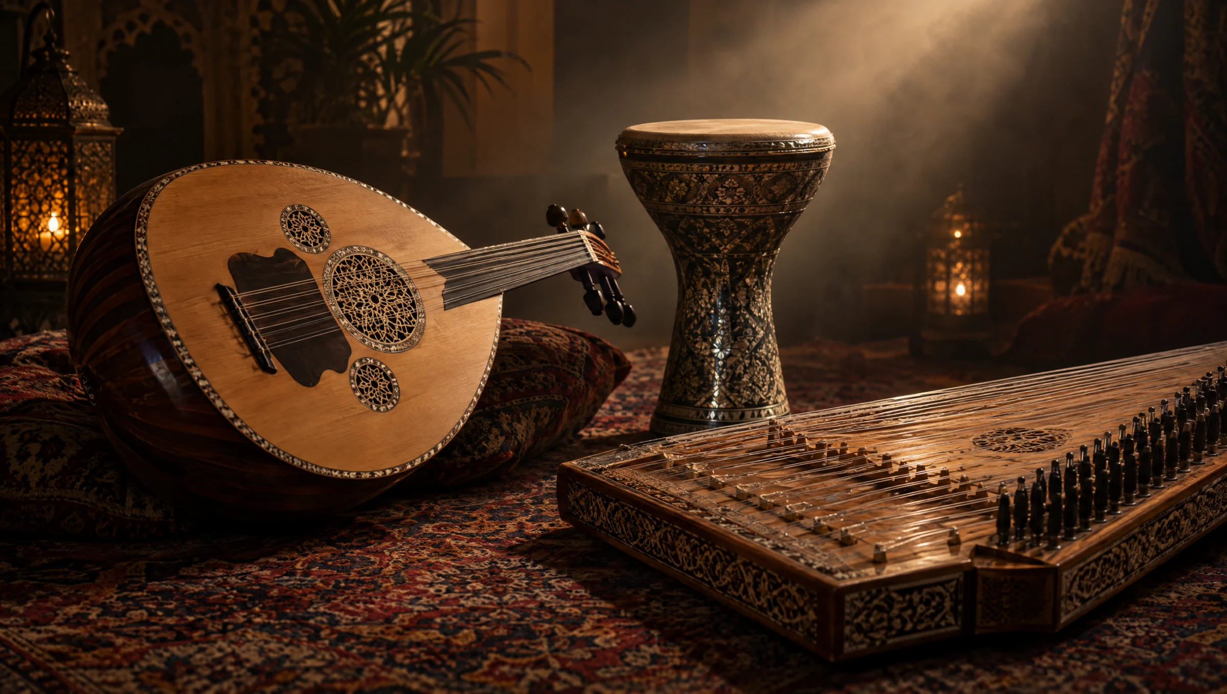 Un laúd, una darbuka y un qanún sobre una alfombra bajo una cálida luz de escenario