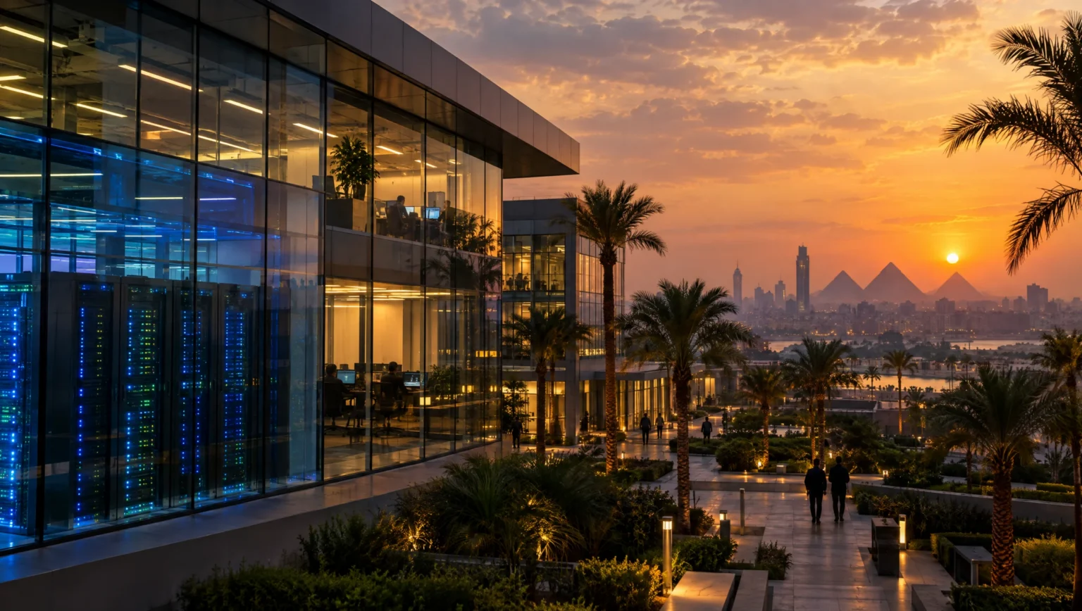 A glass tech campus with server lights and palm trees in Cairo at dusk