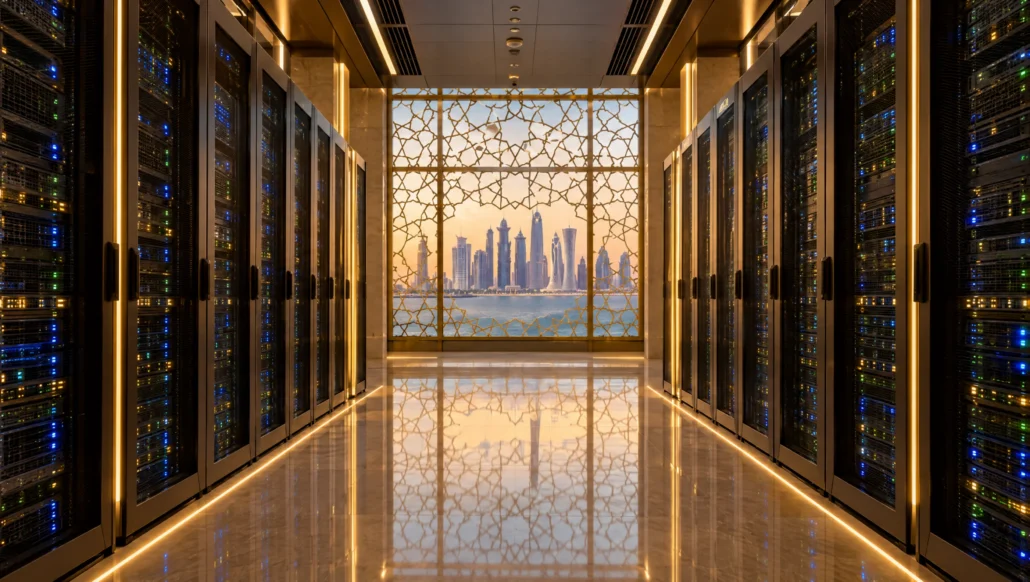 ممر مركز بيانات بإضاءة ذهبية ينتهي بنافذة هندسية تطل على الدوحة