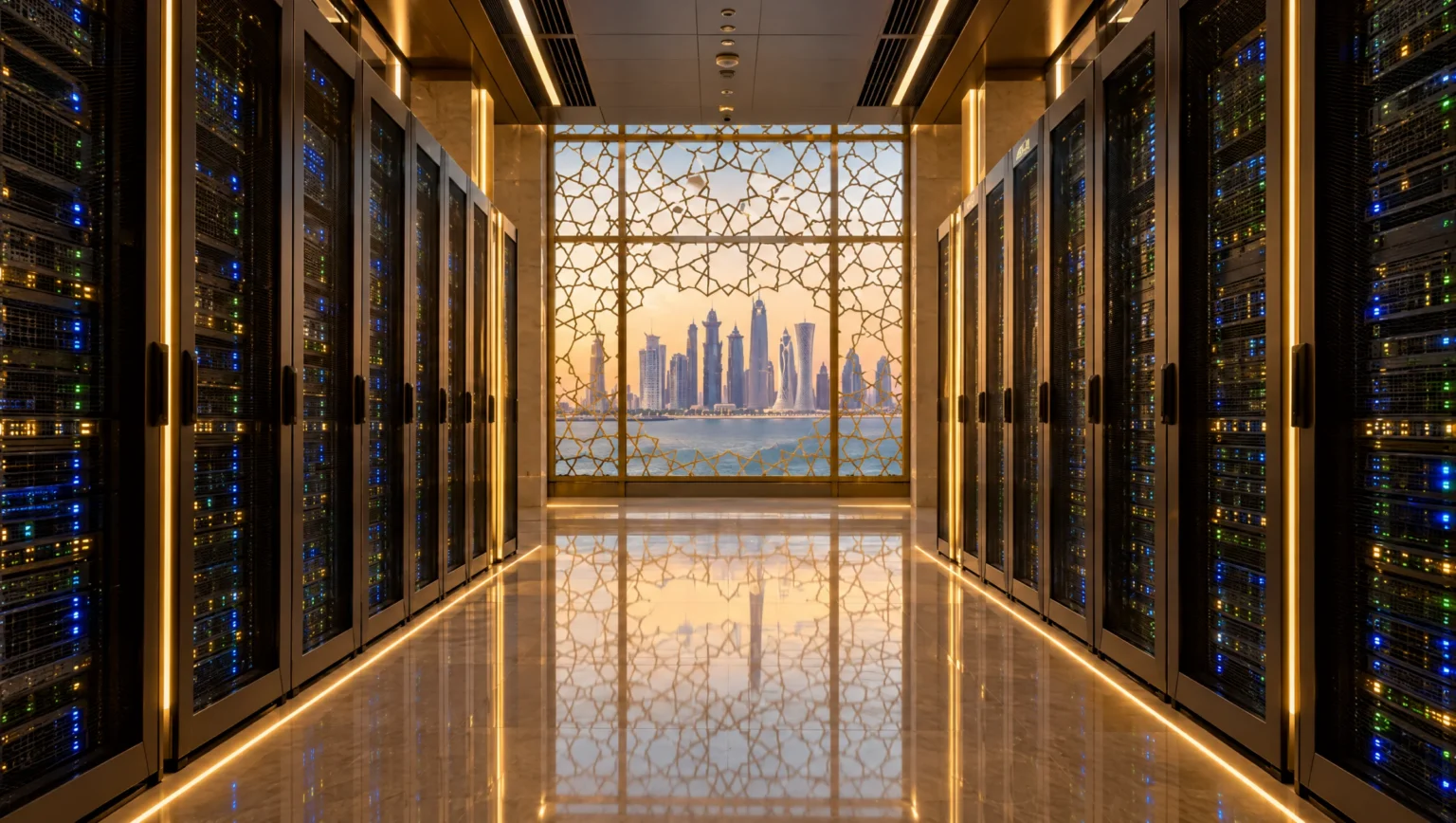 A data center corridor with gold lighting ending in a geometric window on Doha