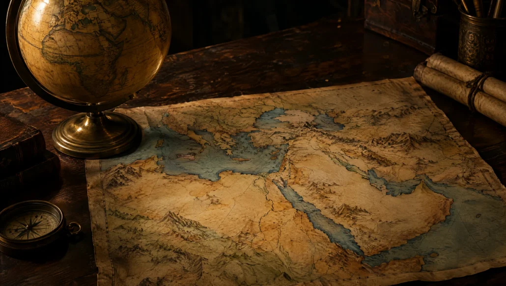An antique map of the Middle East beside a brass globe and compass