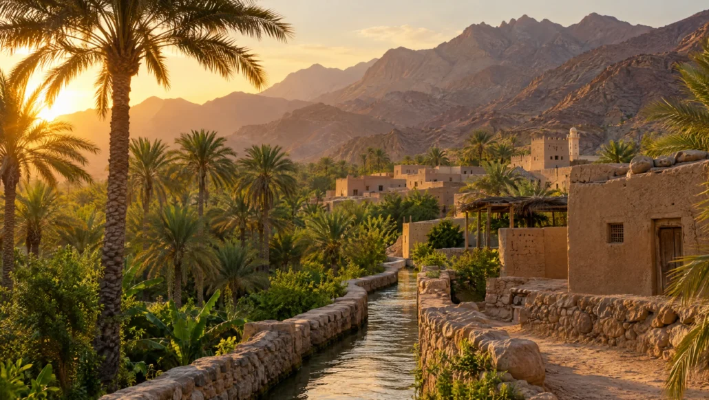 An Omani oasis village with palm groves, a falaj channel and mountains at golden hour