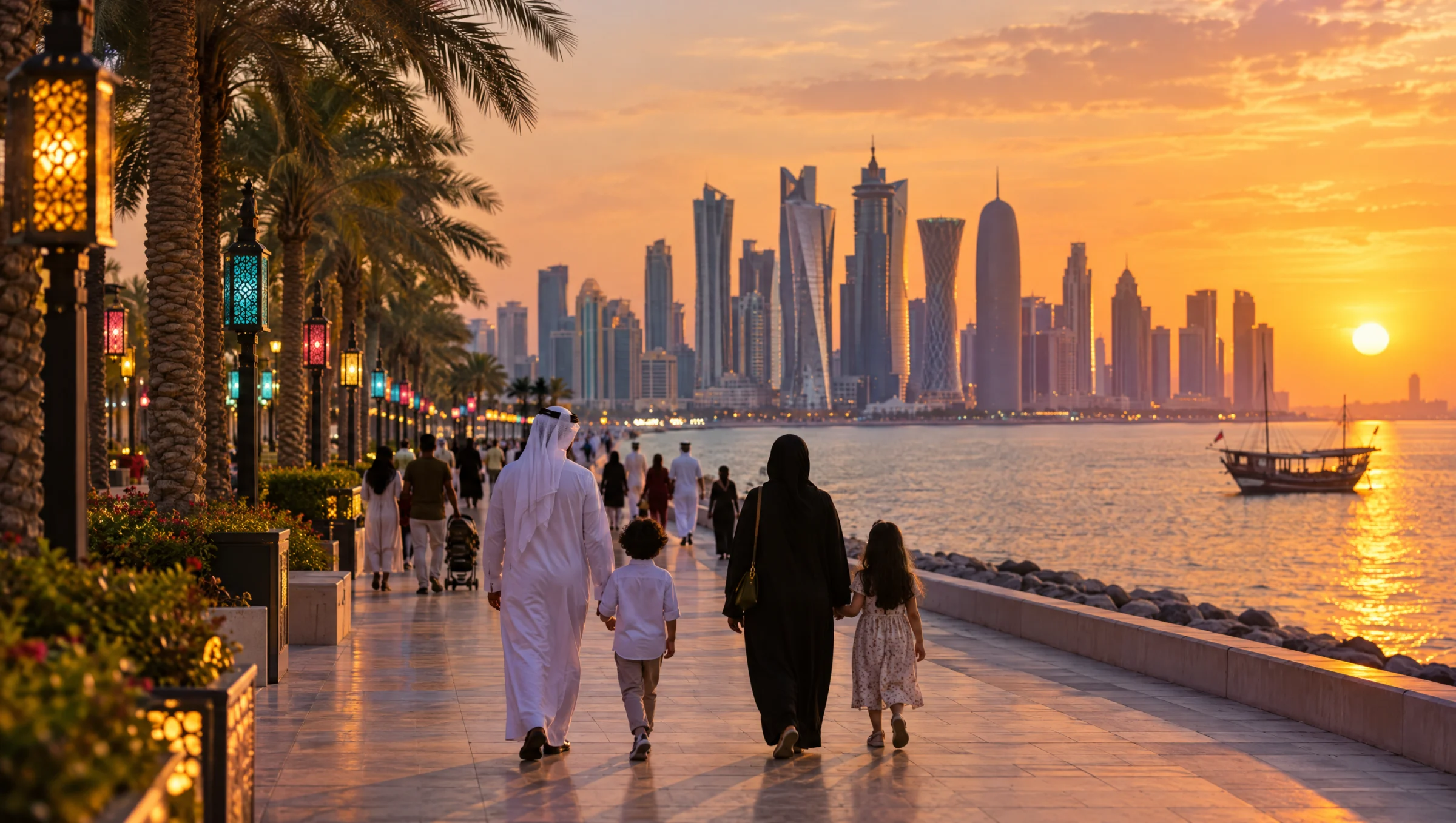 Familias pasean por el paseo marítimo de Doha iluminado con faroles al atardecer